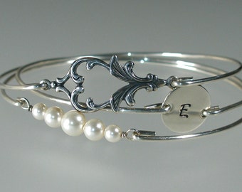 Wedding Jewelry Bangle Bracelet Set, Personalized Wedding, Pearl Silver Bracelet, Bridesmaid Gift, Bridesmaid Jewelry, Art Nouveau (S241S,)