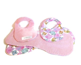 Bibs and burp cloths, baby shower gift, animal nursery, pink baby gift, baby girl burpies, contour burp cloths, baby girl bibs, newborn gift