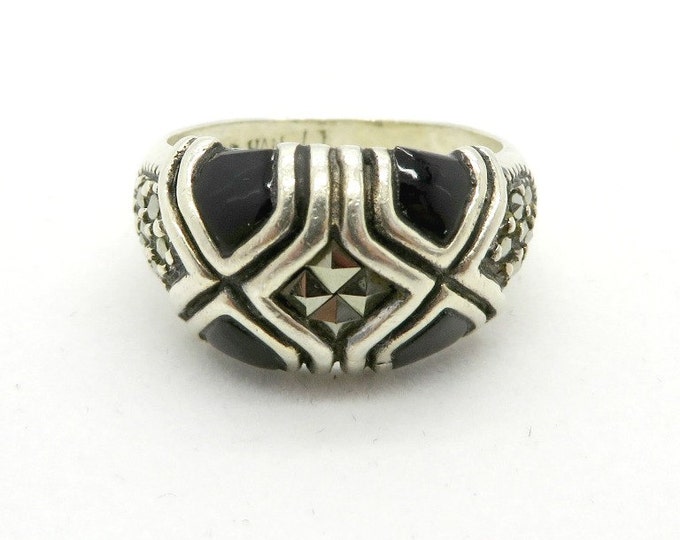 Vintage Sterling Silver Onyx Ring, Black Onyx & Marcasite Ring, Domed Band, Size 6