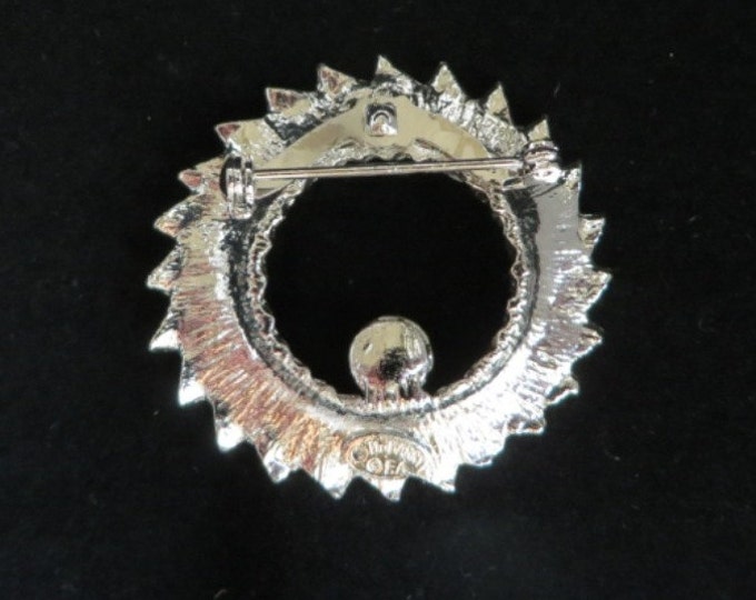 DuBarry Circle Brooch, Vintage Silver Tone Ridged Faux Pearl Circle Pin, Gift for Her