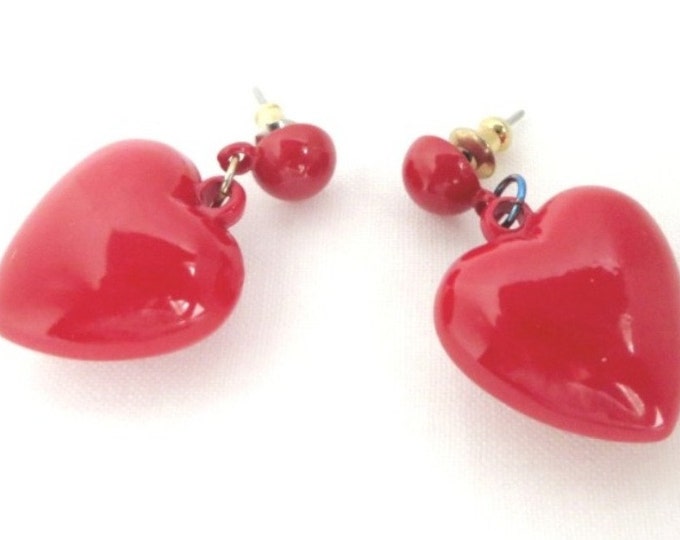 Vintage Heart Earrings - Dangling Red Heart Pierced Earrings, Lucite Studs, Perfect Gift, Gift Box