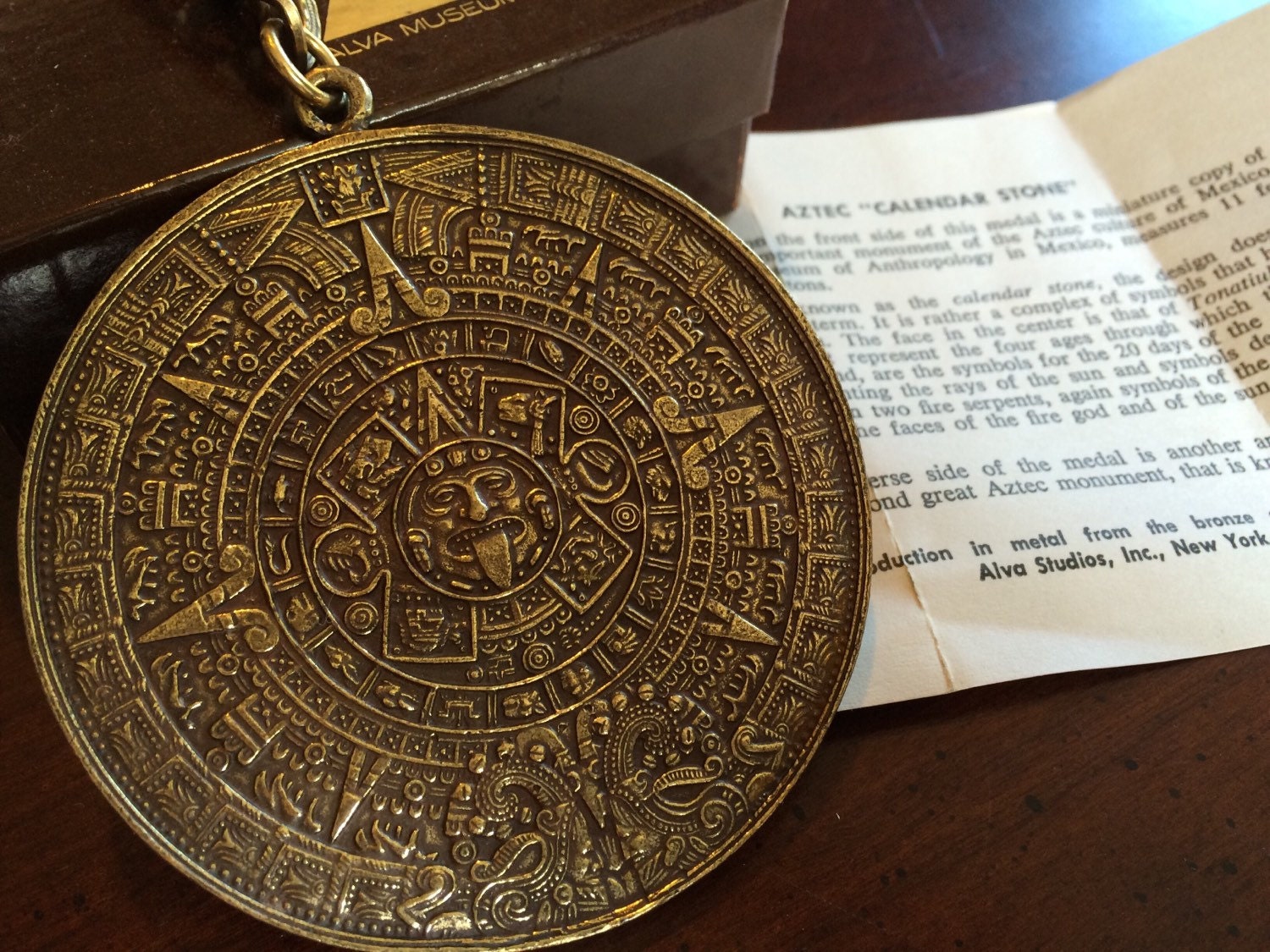 Gold Aztec Calendar Stone Sun Disk Medallion Necklace