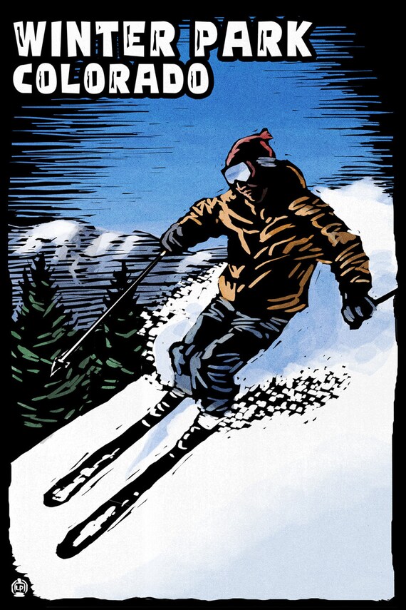 Winter Park Colorado Skier Scratchboard Art Prints