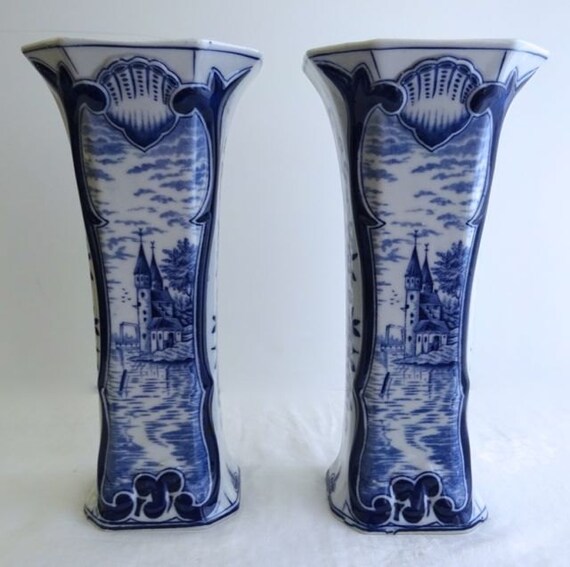 Antique Pair Delft Vases Signed Blue and White by RomanysVintage