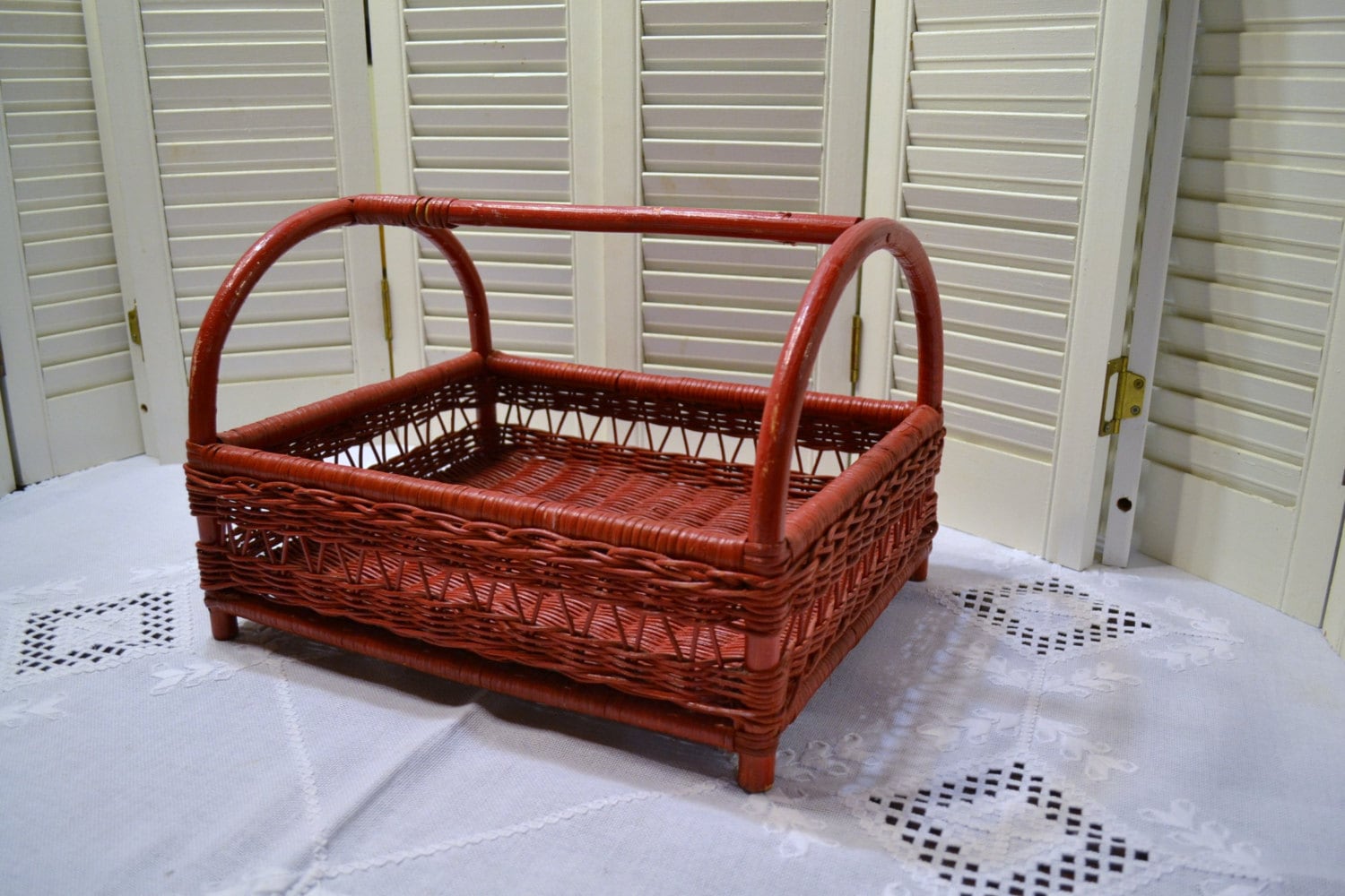 Vintage Basket Red Wicker with Handle Rustic Decor Storage