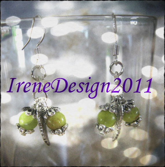 Handmade Silver Earrings with Old Green Jade & Feather by IreneDesign2011