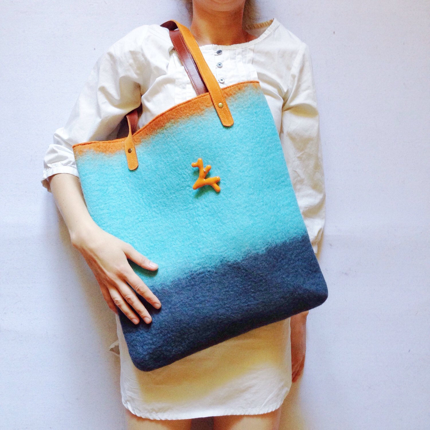 Hand Felted Tote Bag Blue Bag Felted Wool Tote Bag Shoulder