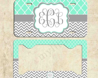 Monogrammed license plate - Mint Lattice Grey Chevron - Personalized License Plate Frame - Car Tag - Front Plate