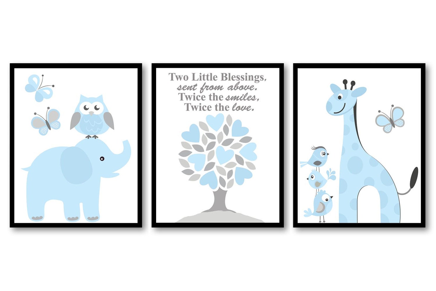 Blue Blue Grey Boy Boy Twins Nursery Art Print Set of 3 Elephant Owl Bird Tree Giraffe Baby Nursery 