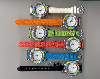 Murano Millefiori Glass Watch, 35mm Round, Venice Watch, Quartz Movement, with various colored bands, Italian Watches for Ladies and Men