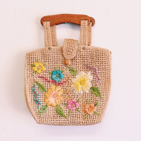 1960s raffia straw embroidered floral purse with by CurioGoods