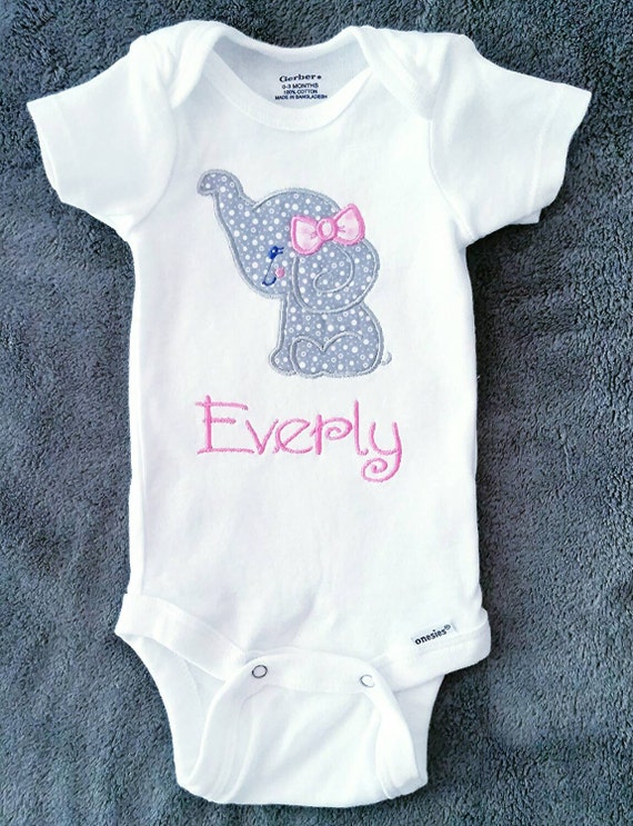 Personalized Baby girl elephant onesie, embroidered, grey and pink