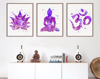 Set of 3 Prints, Lotus, Buddha, Om Symbol, Yoga Studio Decor, Yoga Wall Art, Meditation Wall Art, Buddha Wall Art, Buddhist Decor, Zen Art