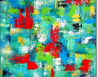 Canvas Art Abstract Acrylic Painting ORIGINAL CONTEMPORARY ART Abstract Textured Turquoise Blue Green Yellow Red 24x24x1,5 (60cmx60cmx3,6cm)