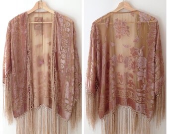 30% OFF | Silk Burnout Kimono Women Boho Kimono Gypsy Fringe Kimono Floral Kimono Cardigan Tassels Beach Cover Up Cape Jacket Powder