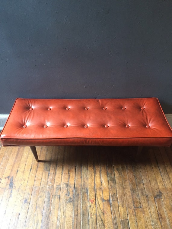 Mid century bench orange leather modern tufted bench