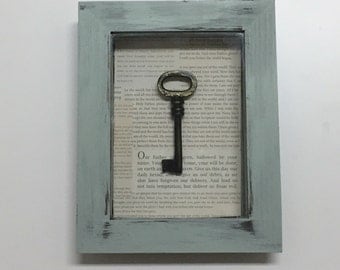 Framed key, Shadow box frame, framed skeleton key, cast iron key, frame with key, shabby chic frame, Christian decor, gallery wall