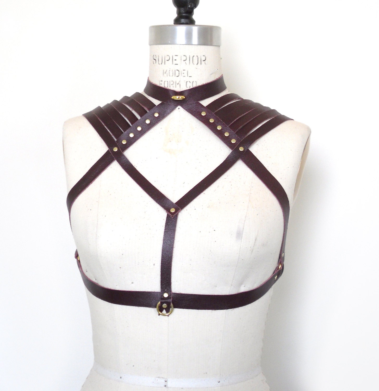 Aisling Leather Chest Harness Cup Less Bra Burgundy Collar