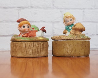 PAIR of Homco Elf or Pixie Porcelain Trinket Boxes / Collectible Figurines