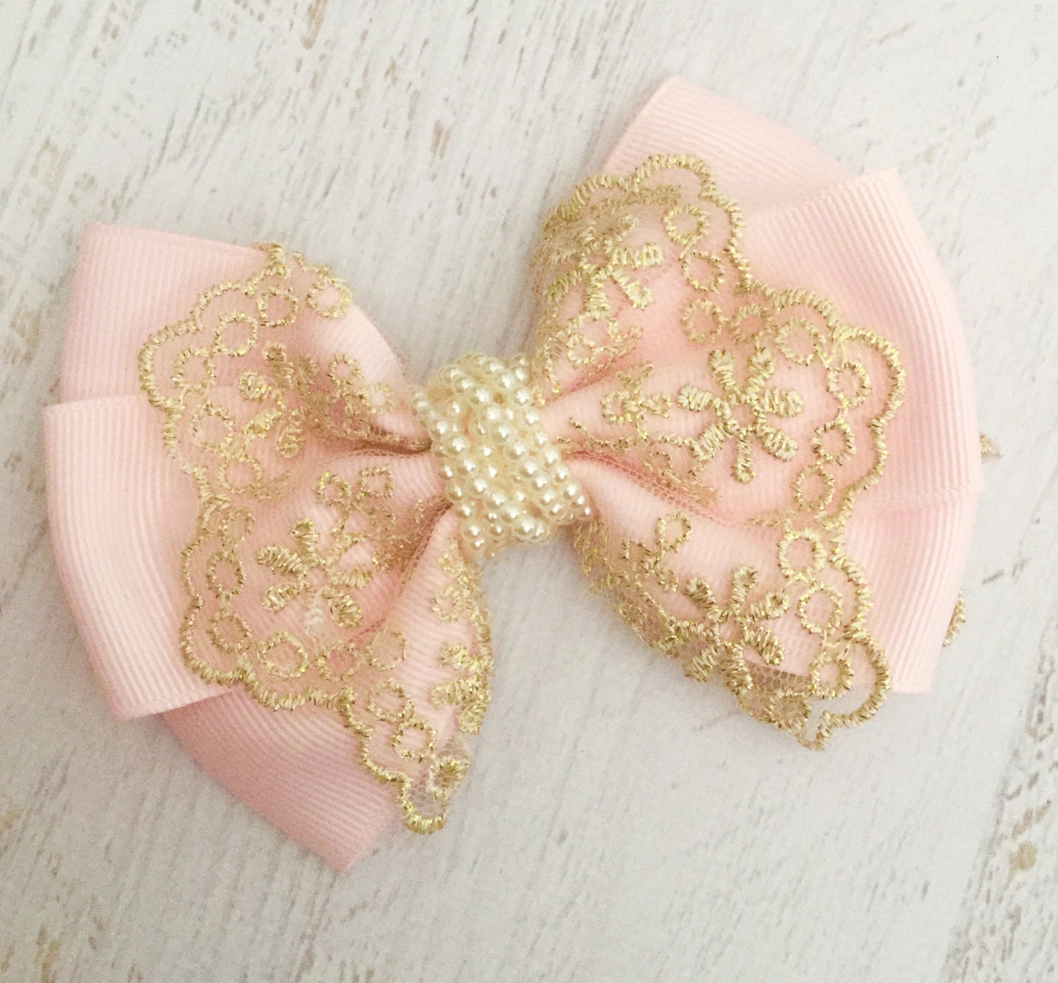 Light Pink Ribbon Bow with Lace Overlay by GlitterQueenSupplies