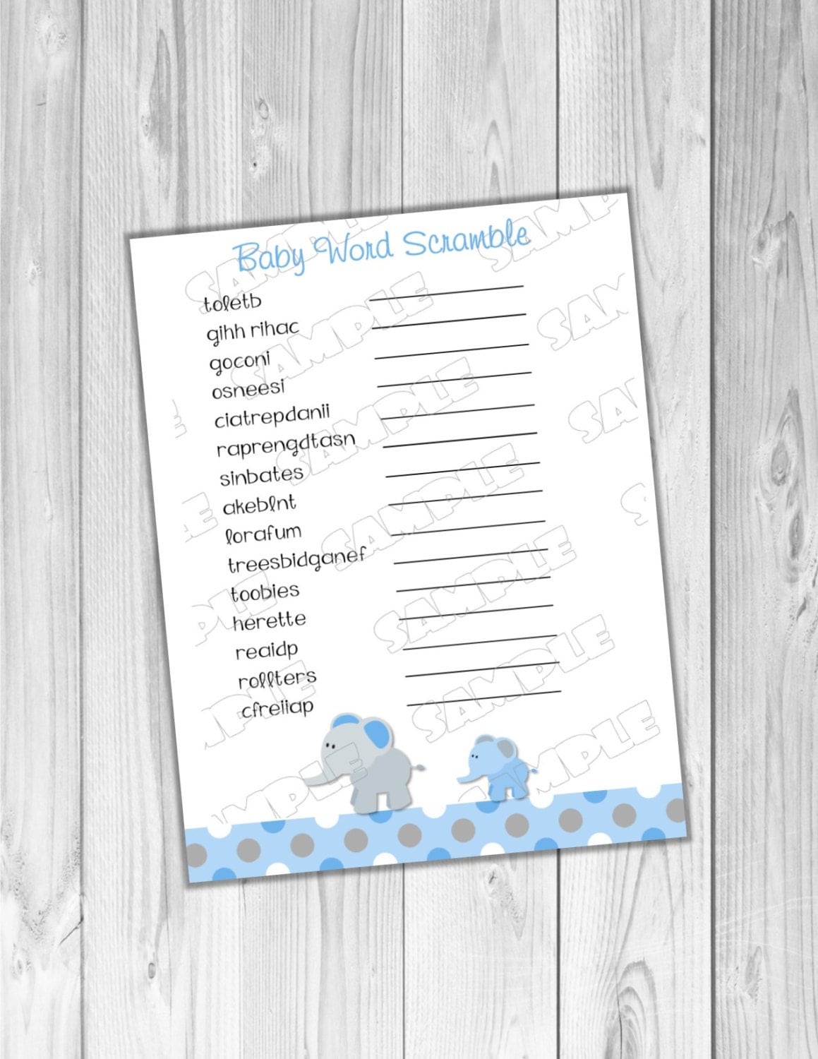 Word scramble baby shower game blue elephant Printable