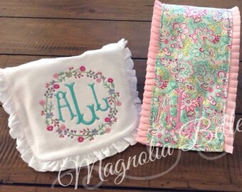 Ruffled Bib & Burp Cloth with Dainty Flower Fabric