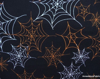 Spider Web Fabric, Boppity Boo 24691 Red Rooster Fabrics, Halloween Quilt Fabric, Orange & White Spiderwebs on Black, Kelly Mueller, Cotton