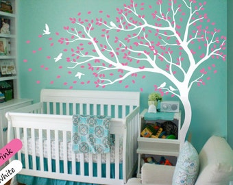 White Tree Wall Decal Wall Art Decor Wall Tattoo Tree Decal Huge Tree wall decal Wall Mural Stickers Nursery Tree and Birds - 098