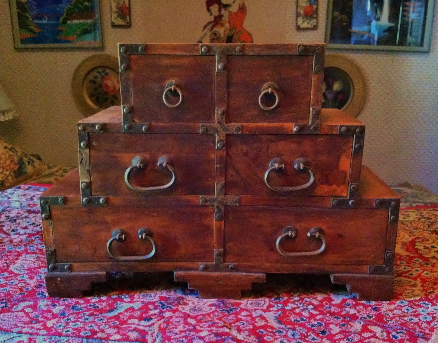 Vintage Wooden STEP TANSU CHEST of 6 Drawers Japanese Antique