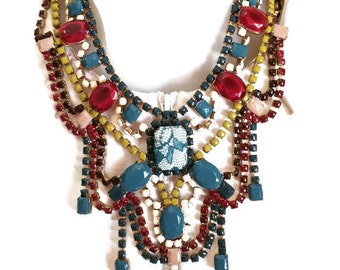 MARSALA BOUQUET teal, marsala, mustard, cream and brown hand painted rhinestone statement bib necklace