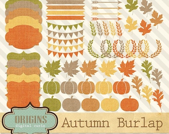 Autumn Burlap Clip Art, Fall clipart, burlap bunting banner, pumpkins, laurels, wheat, arrows, autumn leaves digital instant download