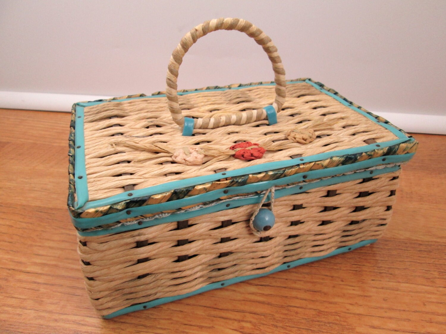 Vintage Dritz sewing box basket weave natural raffia aqua blue