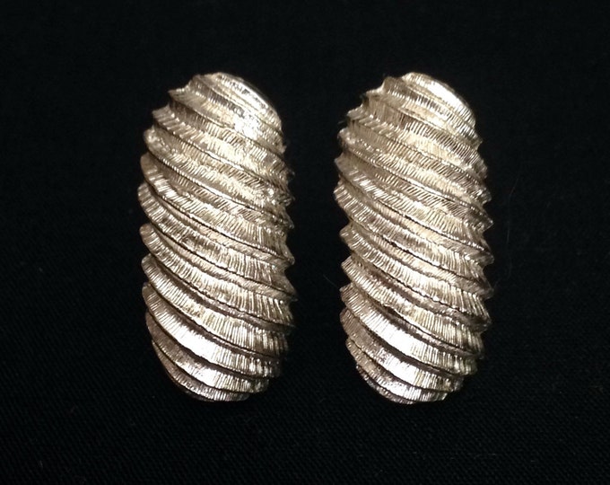 Storewide 25% Off SALE Vintage Textured Silver Tone Crown Trifari Signed Designer Clip Earrings Featuring Eclectic Swirling Finish With Clas