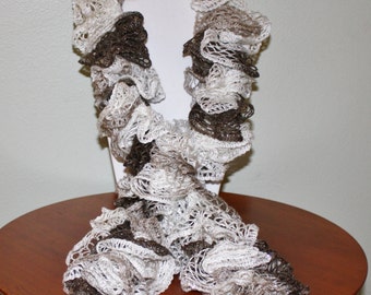 Hand Crochet Ruffle Scarf - Sashay Scarf - Handmade - White, Grey & Brown