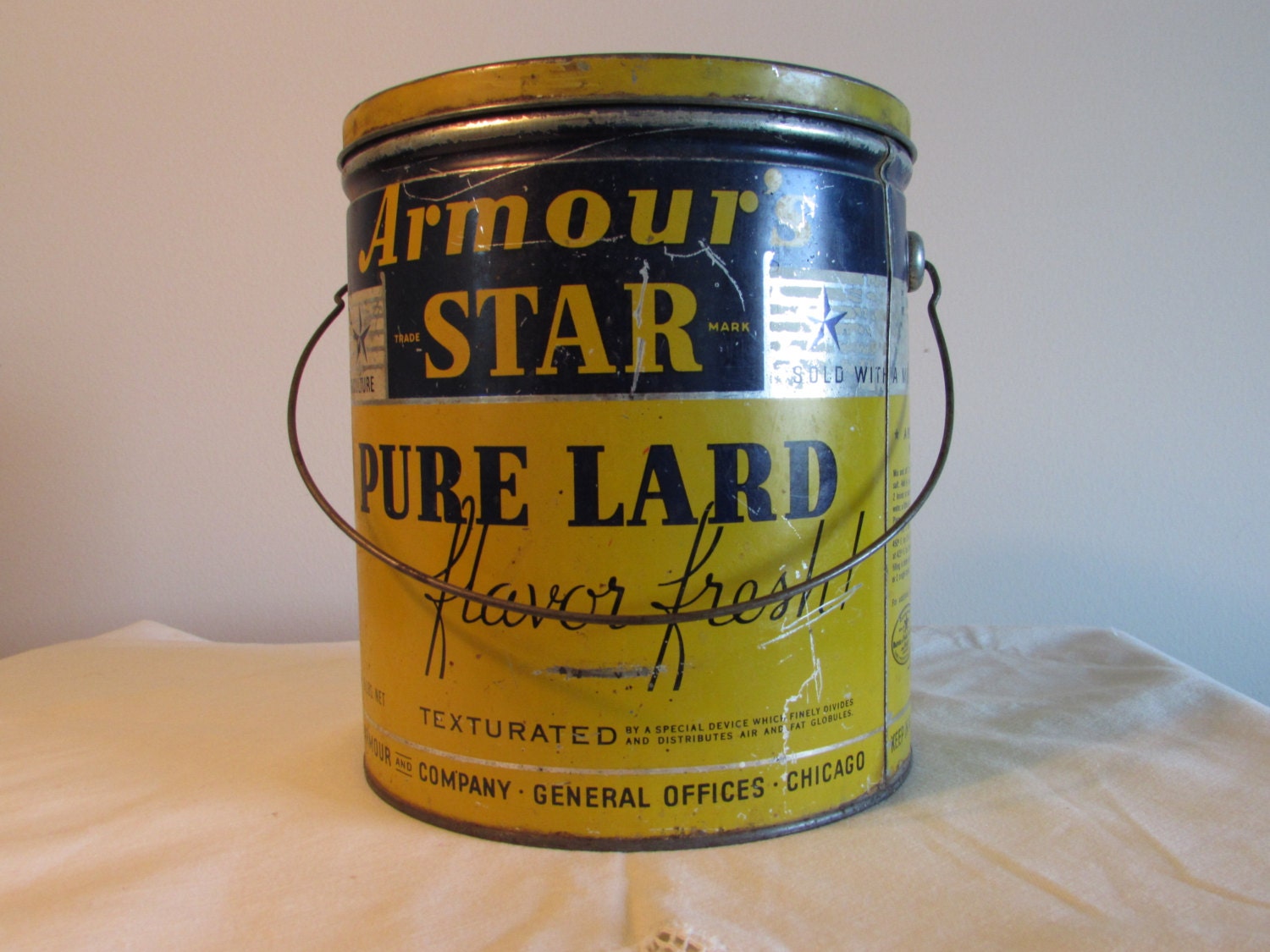 Pure Lard Tin 1950s Yellow Blue Lard Pail with Handle