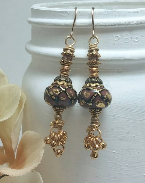 Gold bohemian drop earrings 22k gold artisian by HappyElephantArt