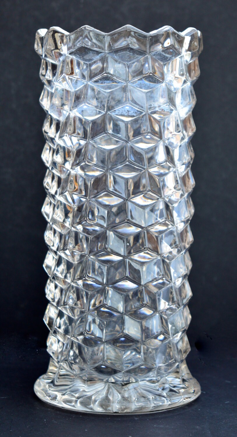 1950s Vintage Pressed Glass Vase Vintage Vase Cube Pattern