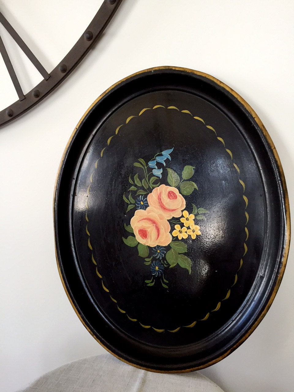 Vintage Hand Painted Toleware Tin Tray, Floral Tin Tray, HandPainted
