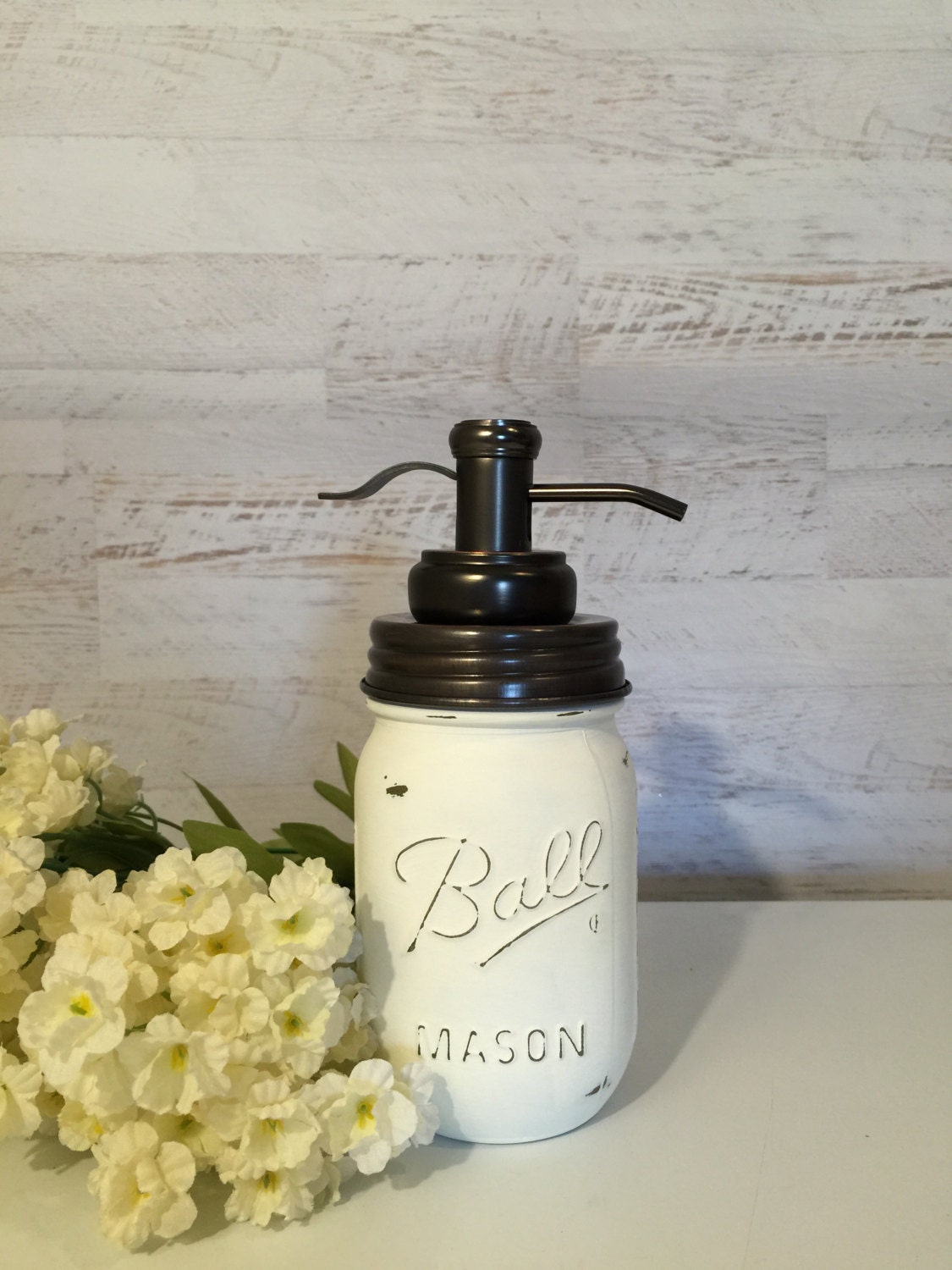 Distressed Warm White Mason Jar Soap Dispenser with Bronze