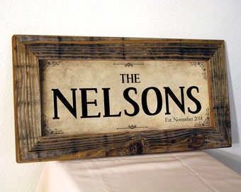 Personalized Family Name Sign. Custom Signs. Reclaimed Wood Frame. Established Family Name Sign. Rustic Sign. Custom Wedding Gift. 20x10