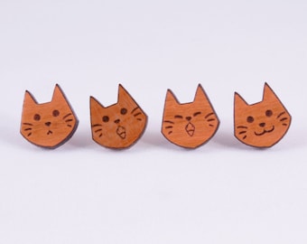 Chibi Cat Faces Stud Earrings - Hypoallergenic Titanium Earrings - Animal Lover Gift Idea - Laser Engraved Cherry Wood Studs Kitten Ear Post
