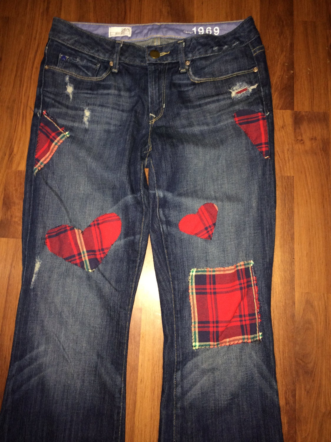 red tartan jeans