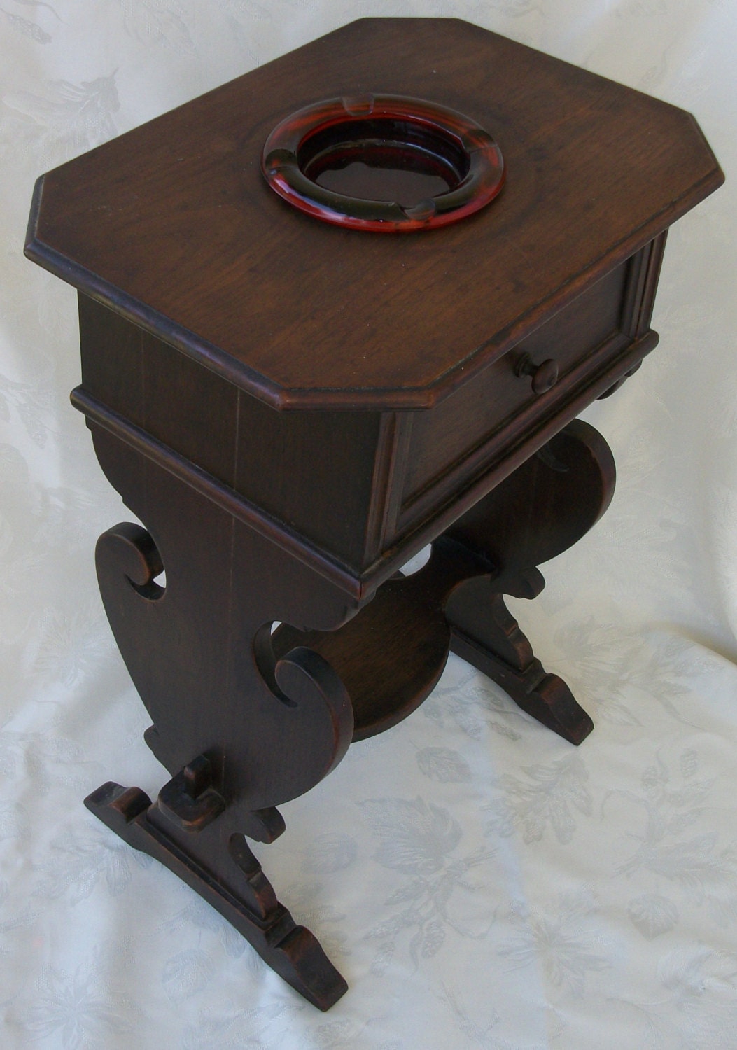 Vintage Wood Smoking Stand Table, Storage Drawer, Humidor 