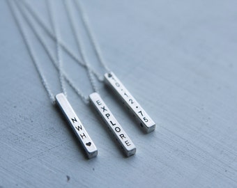 Personalized 3D Sterling Silver Bar Necklace, Dainty Vertical Bar Sterling Silver Jewelry, Engrave On All Four Sides, Customized Name