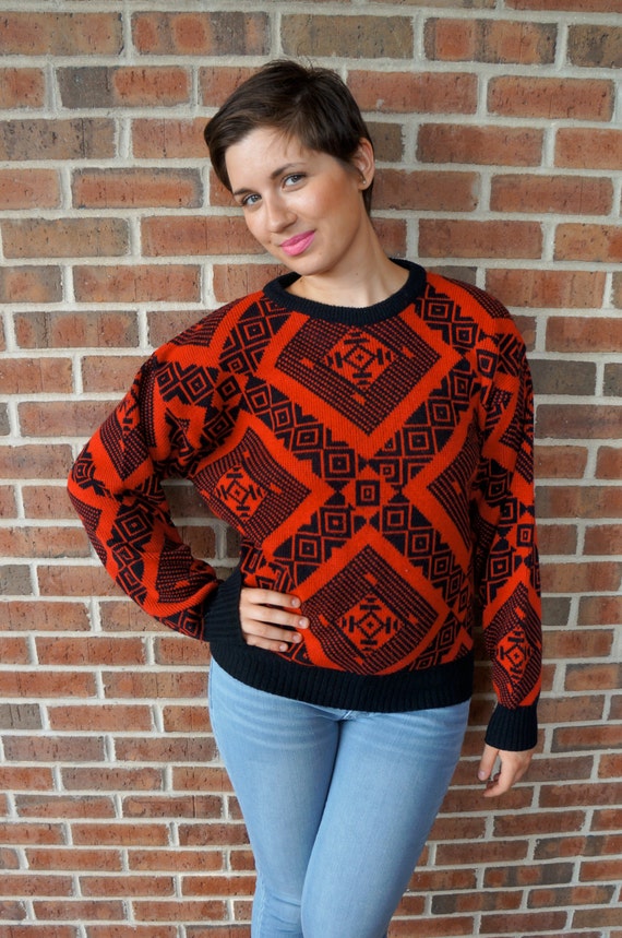 Vintage Tribal Print Sweater // 90's Red & Black Tribal