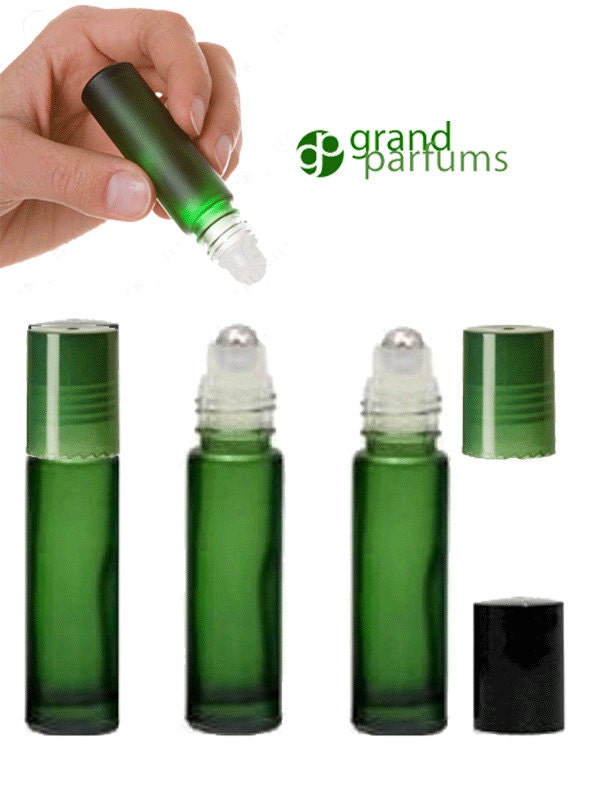 Download 3 Frosted Green Glass Rollerball Bottles w/ Stainless Steel