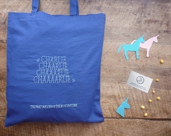 Charlie The Unicorn #2 : The Pink Unicorn & The Blue Unicorn - hand-embroidered blue cotton tote bag