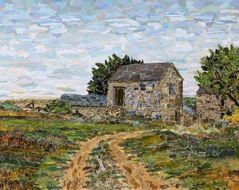 Farmhouse - St. Just. cornish rural landscape - Signed giclée print of original torn paper collage, contemporary fine art print