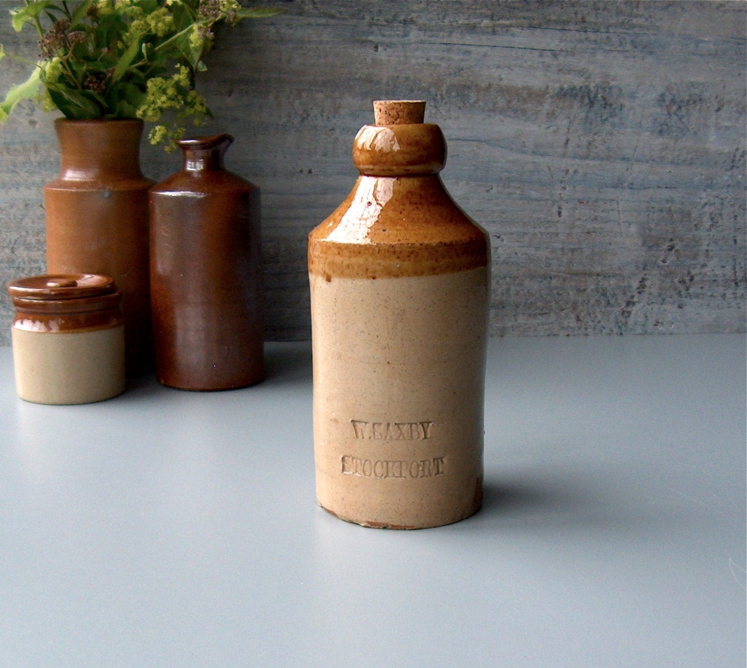 Antique stoneware beer bottle. W. Saxby Stockport. Vintage