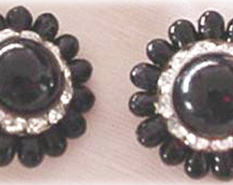 Black Beads and Crystal Rhinestone Clip on Earrings